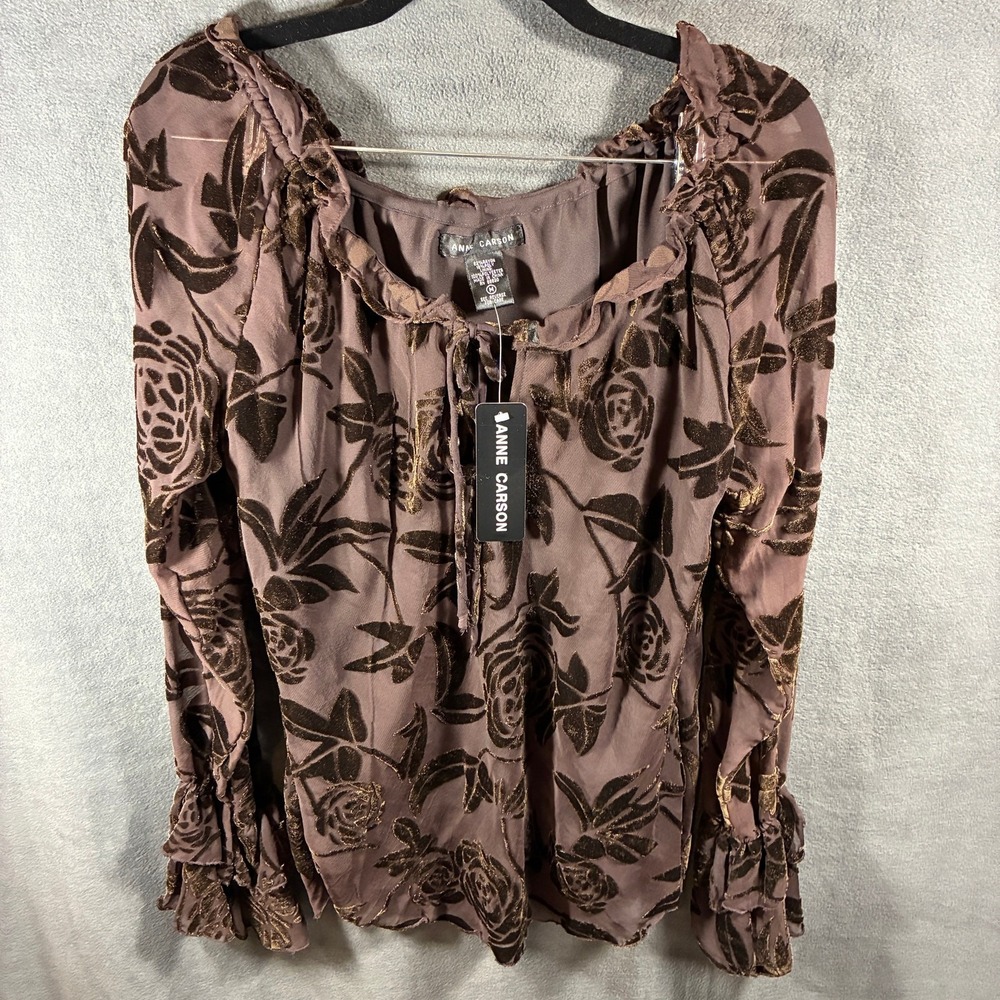 VTG NWT Anne Carson womens top medium chocolate brown floral velvet burnout y2k